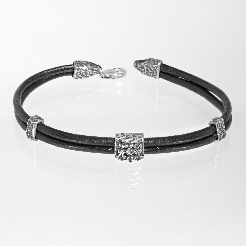 Bracciale Maschera Apotropaica in Argento 925/000 e Cuoio.