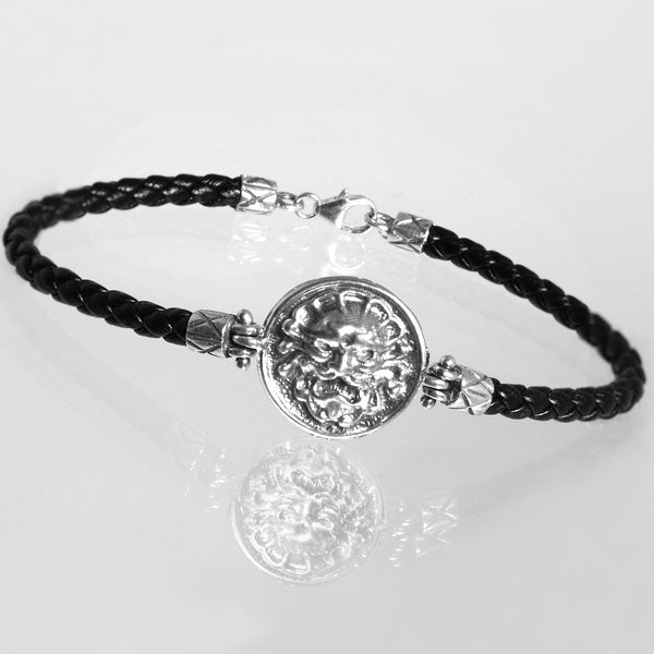 Bracciale Maschera Apotropaica in Argento 925/000 e Cuoio.